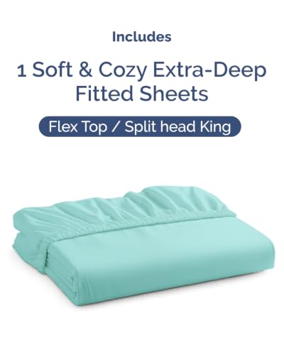 Image of Extra Deep Flex Top Split Head King Fitted Sheet - Hotel Luxury Single Fitted Sheet Only - Easily Fits 18 inch to 24 inch Mattress - Ultra Soft, Wrinkle Free w /Extra Deep Pockets - Spa Blue