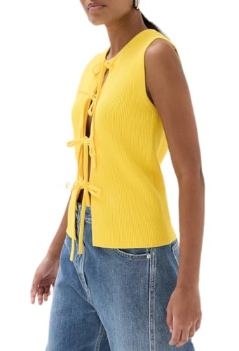 Image of KMBANGI Women Y2K Crochet Vest Top Tie Front Knit Sleeveless Tank Top V Neck Button Down Crop Top Streetwear(H-Knittd Tank Vest Top Yellow,S), Small