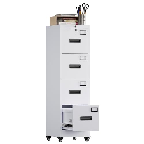 Image of Aobabo 4 Drawer File Cabinet with Lock and Wheels, Metal Vertical Filing Cabinet with Anti-Tilt Interlock System for Home Office, Fits Letter /Legal Size, White,Required Assembly