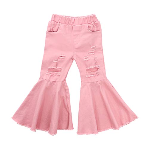 Toddler Bell Bottoms Girls Denim Flared Pants Little Kids Bell-Bottomed Ruffle Trousers Ripped Jeans