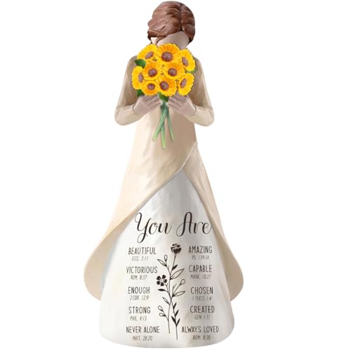 Inspirational Hand-Painted Figurine with Sunflower Bouquet, You are Beautiful, Amazing Resin Doll, Great Gift for Her, Girl Friends, Friends, 5.9 Inches Resin Doll Tabletop (You are)