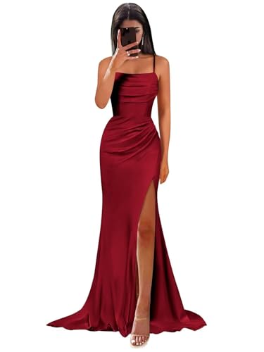 HUINI Damen Satin Brautjungfernkleider Meerjungfrau Spaghettiträger Abendkleid mit Schlitz Weinrot 32