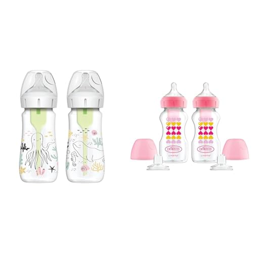 Image of Dr. Brown's Anti-Colic Options+ Wide-Neck Baby Bottles, Sippy Cups, Ocean Decos, 9 oz, 2-Pack, Level 1-3 Nipples