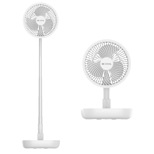 BE COOL Klappventilator mit Akku & Teleskopstange, faltbarer Ventilator 80 cm, kabelloser Tisch- & Standventilator, 3 Stufen, leise ca. 40 dB, USB 5V, weiß, BCFFANBAT2601