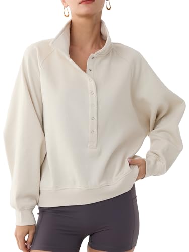 DITOK Fleece Sweatshirts for Women Trendy Henley Neck Casual Oversized Lightweight Long Sleeve Pullover Tops Fall Fashion, Kakhi