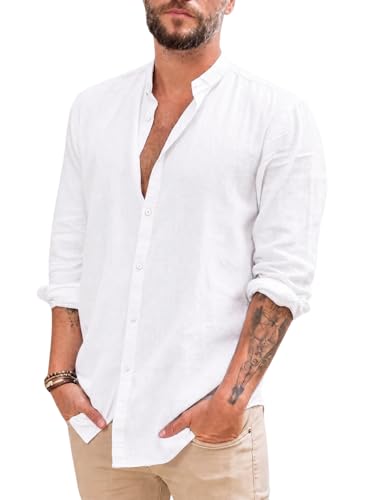 Makkrom Men Linen Shirt Button Down Long Sleeve Cotton Beach Band Collar Casual Summer Shirts