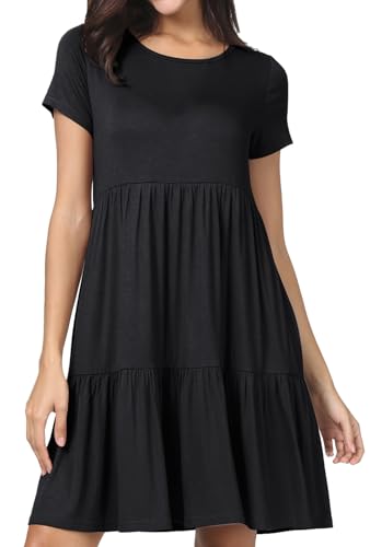 levaca Womens Summer Casual Dresses Beach Coverup Loose Short Sleeve T Shirt Dress 2025 Midi Outfit Sundress Black L