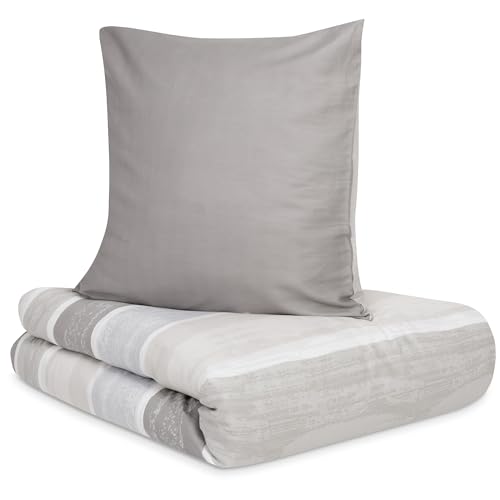 s.Oliver Bettwäsche 135x200 cm - 100% Baumwolle, Reißverschluss, anschmiegsam, weich & waschbar, Mako Satinbettwäsche beige grau Blockstreifen