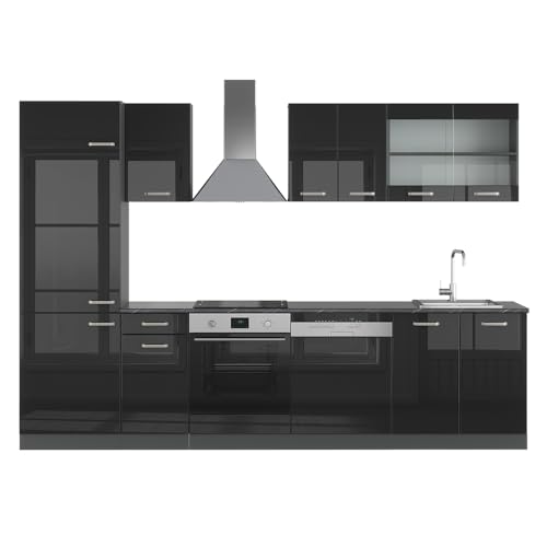 Vicco Küchenzeile R-Line, Schwarz Hochglanz/Anthrazit, 300 cm ohne Arbeitsplatte