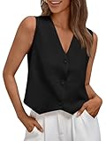 AUTOMET Womens Vests Crop Tank Tops 2024 V Neck Sleeveless Linen Casual Work Suit Fashion Spring Outfits Waistcoat Jacket Black S