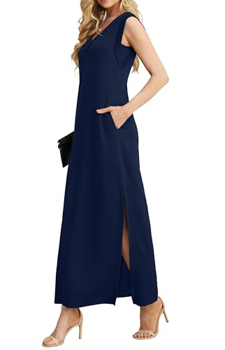 GRECERELLE Womens Dresses Summer Maxi Long Dress with Pockets V Neck Casual Dress for Women Elegant Ladies Holiday Sleeveless Split Hem (Navy Blue, L) - Image 3