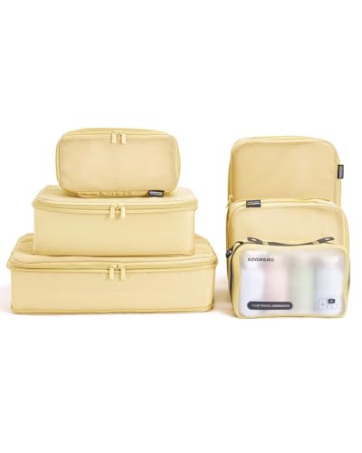 6 Set Compression Packing Cubes for Travel, Large Medium Small Luggage Organizers (Bright Yellow)