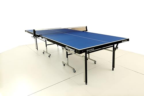 Image of GYMNCO Practice Table Tennis Table with 75 MM Wheel (Top 18 mm Laminated Compressed & Free TT Table Cover + 2 TT Racket & Balls), Blue Top Board and Black & Grey Base Top 18mm