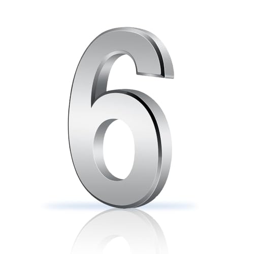 3 Inch Door Numbers 3D Design House 0-9 Numbers Electroplating Self Weatherproof Adhesive Street Apartment Stickers for Hotel Courtyard Cafe Bin Mailbox(Silver,6)