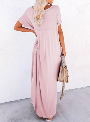 Image of Dokotoo Womens Maxi Dress Summer Short Sleeve Casual Loose Maxi Dresses Bathing Suit Cover Up for Women Sundress Pink Dresses for Women with Pockets S