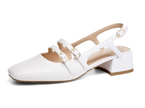 Image of Coutgo Women's Mary Jane Chunky Low Heels Slingback Pumps Closed Square Toe Wedding Dress Shoes