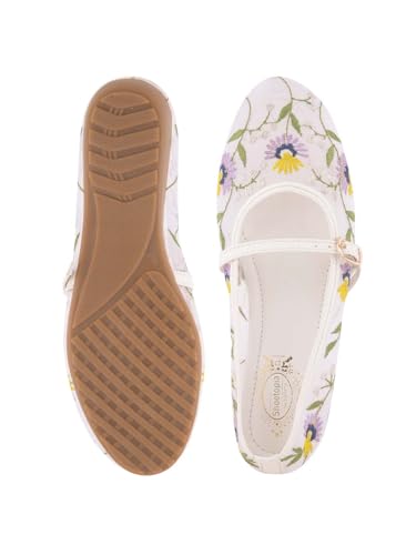 Image of Shoetopia Women'sFloral Embroidered Mary Jane Flats - Elegant Mesh Ballerinas with Adjustable Buckle Strap