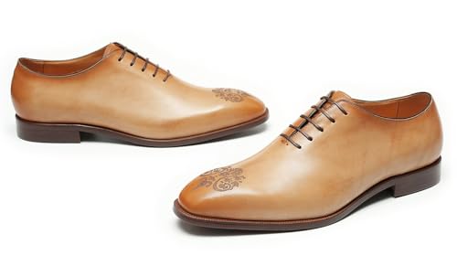 Santimon Men's Genuine Leather Oxfords Formal Dress Shoes- Handmade Pointed Toe Lace Up Suit Shoes with Vintage Floral Engraving for Business Prom Wedding3