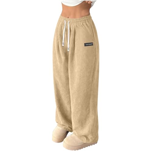 Women Corduroy Pants Baggy Elastic High Waisted Wide Leg Drawstring Trousers Soft Comfy Fashion Lounge Palazzo Pant S-2XL Beige