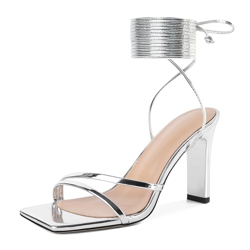 Image of Joseywade Chunky Heels For Women Lace Up Tie Up High Heel 3.5 inch Heeled Sandals Open Toe Shoes