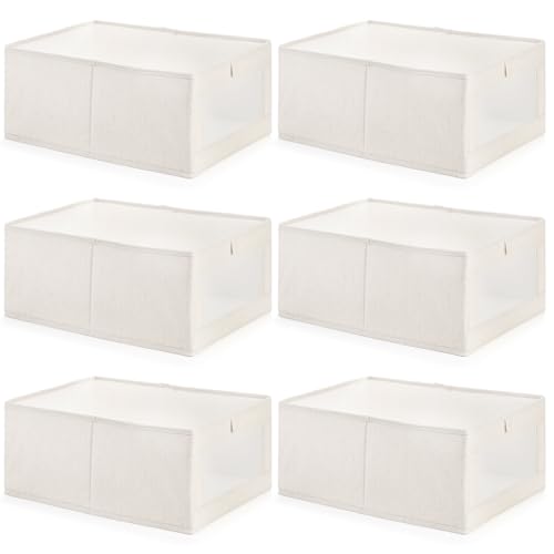 Coloch 6 Pack Linen Storage Bins with Clear Window, Collapsible Closet Storage Box Fabric Clothing Organizer Stackable Organizer Basket for Folded Clothes, Jeans, Toy, Book, Shelves, Closet, Beige