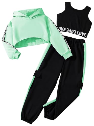 Hilinker Girls Graphic 3 Piece Outfits Workout Hoodie Crop Tank and Sweatpants Set, Green Black La, 7-8 Years