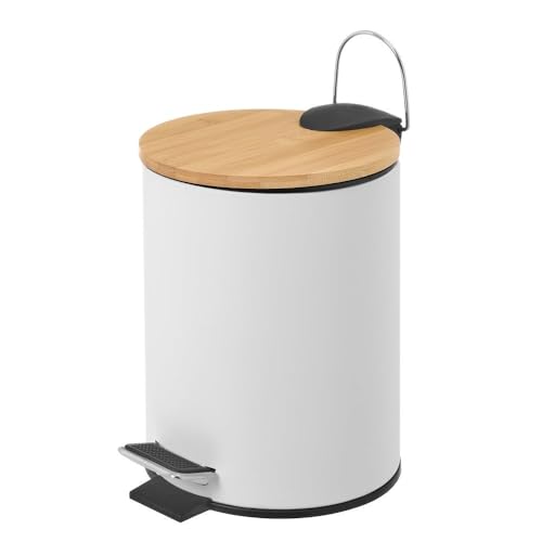 LOLAhome Papelera de pedal blanca de bambú y metal de 3 litros