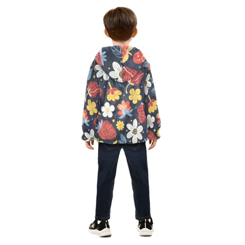 Boys Girls Fleece Jacket Hand Drawn Strawberry and White Yellow Flowes Kids Warm Hooded Outwear Coat4