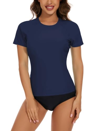 Bonneuitbebe Womens Short Sleeve Rash Guard Swimsuit Top with Built in Bra Swim Shirt UPF50+ Quick Dry Bathing Suit Navy Blue