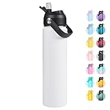 Fijinhom 24oz Insulated Stainless Steel Water Bottle, Wide Mouth Double Wall Vacuum, Silicone Straw, Sweat & Leak Proof, BPA Free Insulated Water Flask for Travel, Keep Cold 24h Hot 12h, White