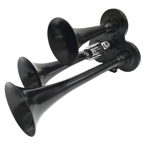 Train Air Horn Three 3 Black Trumpets with Heavy-Duty Electric Solenoid