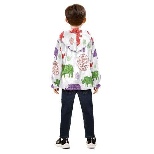 Colorful Rhinos with Patterns Toddler Fleece Jacket Girl Boys Hooded Fleece Jacket Coat Warm Outwear Zip-up 3-10T4