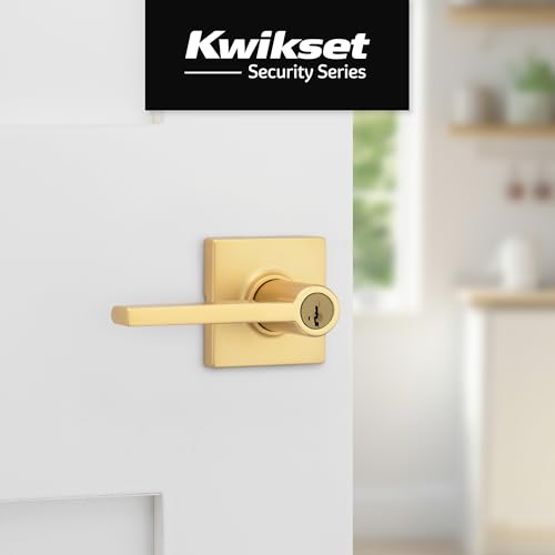 Image of Kwikset Casey Entry Door Handle with Lock and Key, Secure Keyed Reversible Lever Exterior, Doorlock, for Front Entrance and Bedrooms, Satin Brass, Pick Resistant Smartkey Rekey Security