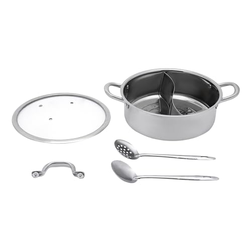 Olla de acero inoxidable con divisor, tapa de cristal, cuchara/cuchara para fugas, 2 compartimentos, diámetro interior 26 cm, para cocina, olla también apta para inducción y horno