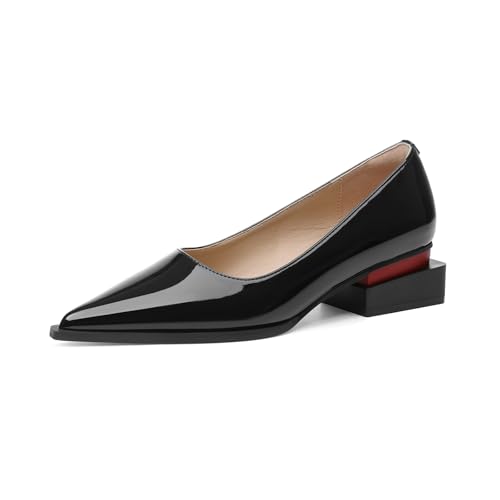 Women's Heels Closed Pointed Toe Chunky Low Heel Dress Black Pumps Comfortable Patent Leather Block Loafer Shoes for Wedding Party