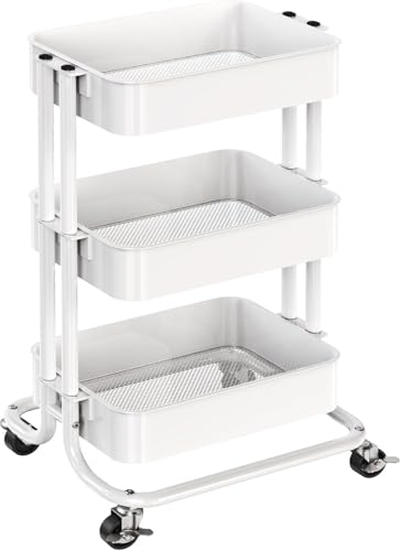 Image of Pipishell 3 Tier Metal Rolling Utility Cart with 2 Lockable Wheels, White | 360° Rotating Wheel, Heavy-Duty Steel, Sturdy Dual Columns, Ventilated Mesh, Hold 22 lbs per Shelf, for Kitchen & Living Room