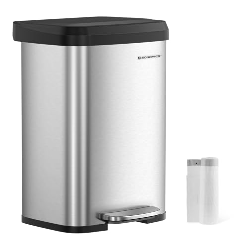 SONGMICS Kitchen Trash Can, 13 Gallon (50 L) Stainless Steel Garbage Can, with Stay-Open Lid and Step-on Pedal, Soft Closure, Tall, Large and Space-Saving, Silver and Black ULTB530E50 by SONGMICS - Used condition - US$59.37