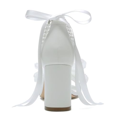 Image of Pearl Wedding Shoes for Bride Block Heel Wedding Sandals Open Toe Bridal Shoes Bow Knot Heeled Sandals