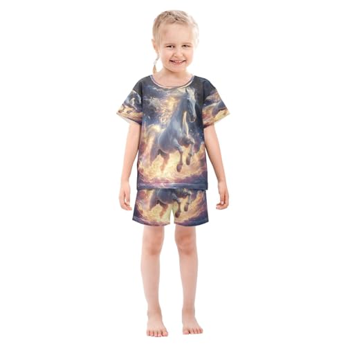 ALAZA Horse Cloud Galaxy Nebula Starry Pajamas Set Short Sleeve Cotton Sleepwear Summer Pjs 2 Piece 5-14Y3