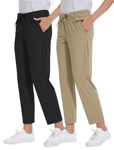 2 Pack Women's Golf Pants with Deep Pockets Stretch 7/8 Ankle Sweatpants for Athletic, Work, Travel, Lounge