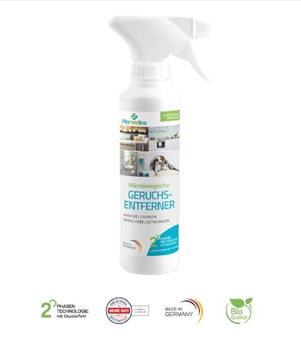 HOMEDICA Geruchsentferner Spray 250ml - Vegan & Made in Germany - Mikrobiologischer Enzymreiniger für Textilien, Polstern & Tierfellen - gegen unangenehme Gerüche