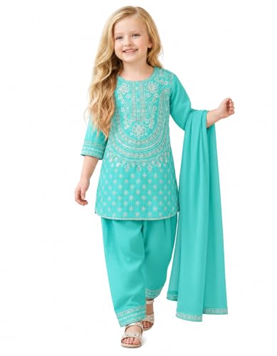 Image of A.T.U.N. (ALL THINGS UBER NICE) Girls Designer Embroidered Salwar Suit with Dupatta | Elegant 3 Piece Traditional Ethnic Outfit for Weddings Festivals & Special Occasions