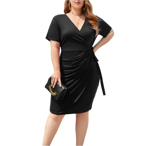 FUPODD Wickelkleid Damen Sommer Große Größen Sommerkleid Damen Midi Elegant Midikleid Für Mollige Frauen Kurzarm Mit Gürtel Sommerkleider Leicht...