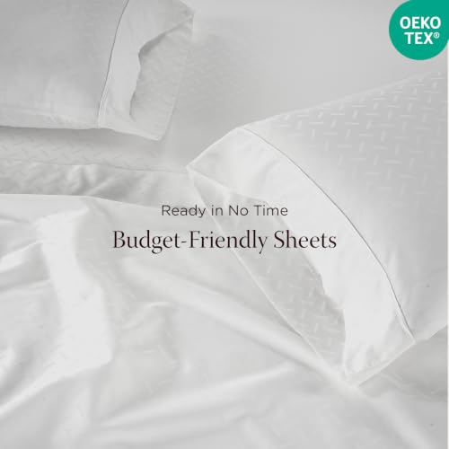 Image of Threadmill 300 Thread Count Cotton King Sheet Set, Sateen, Damask, White | 100% Cotton, Sateen Weave, Damask Pattern, 4-Piece Set, 16 inch Deep Pocket, Fade-Resistant, Breathable, All-Season, Lightweight