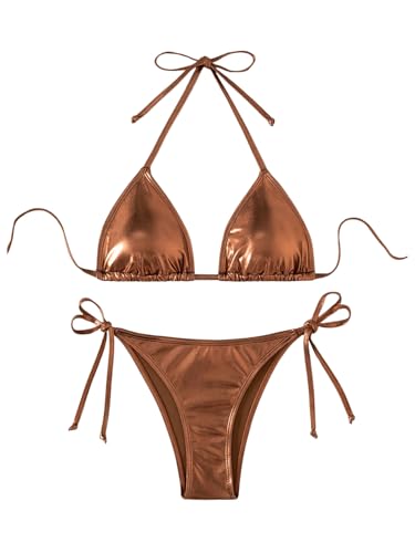 SOLY HUX Bathing Suit for Women Metallic Halter Top Two Piece Swimsuit Tie Side Triangle Thong Bikini Swimwear