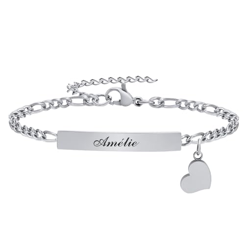 Gamtic Bracelet Personnalisé Chaine Reglable, Bracelet Gravé Prénom Date Coeur en Acier Inoxydable Chaîne Figaro Cubain Argenté, Bijoux Cadeaux pour Les...