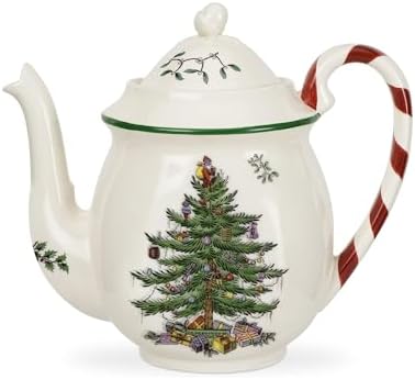 Spode Christmas Tree 32oz Teapot with Peppermint Candy Cane Handl...