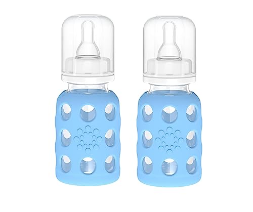 Image of Lifefactory Glass Baby Bottle BPA Free | Protective Silicone Sleeve | 4 oz Pack of 2 | Sky Blue
