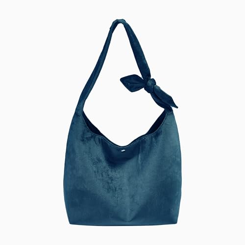 Lake Blue Hobo Velvet Tote Bag for Women Large Plushed Shoulder Bag with Bow Adjustable Buckle Closure for College Travel Brushed Lightweight Soft Handbag for Girls Gift