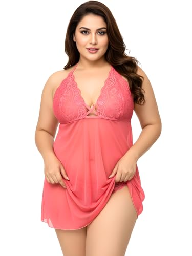 Image of Xs and Os Women's Polyester Spandex Mix & Lace Solid Midi Babydoll Lingerie with Panty